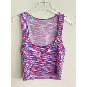Vintage Y2K Crop Tank Top XS Pink Blue Stretch Crochet Knit Scoop Festival